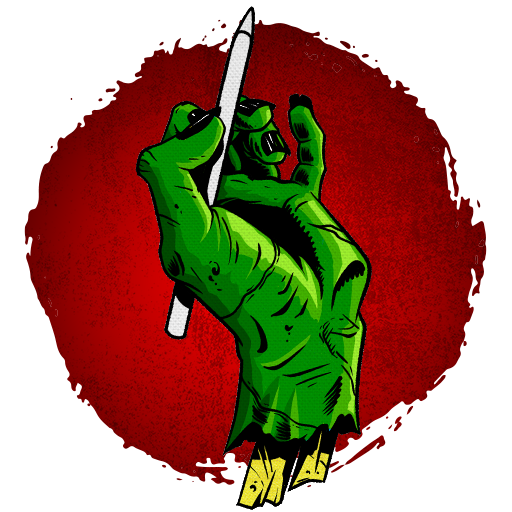 Dead Hand Digital Green zombie hand holding a pen on a red background.