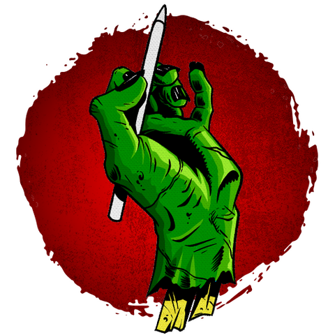 Zombie hand holding an Apple Pencil over a read background